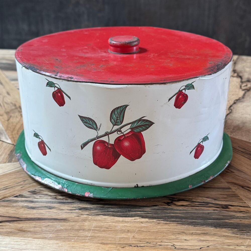 Vintage Decoware Tin Cake Carrier 1950s Metal Keeper Apple Litho Mid Century